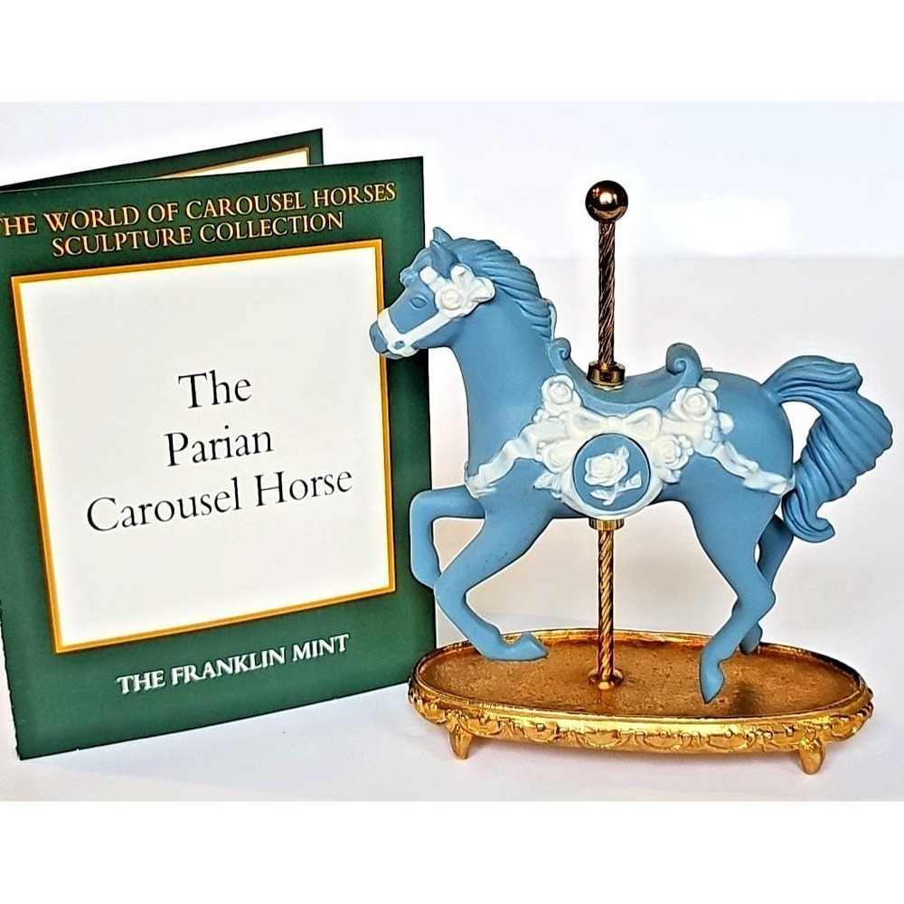 Vintage Franklin Mint Parian Carousel Horse Blue White Rose Sculpture Figurine